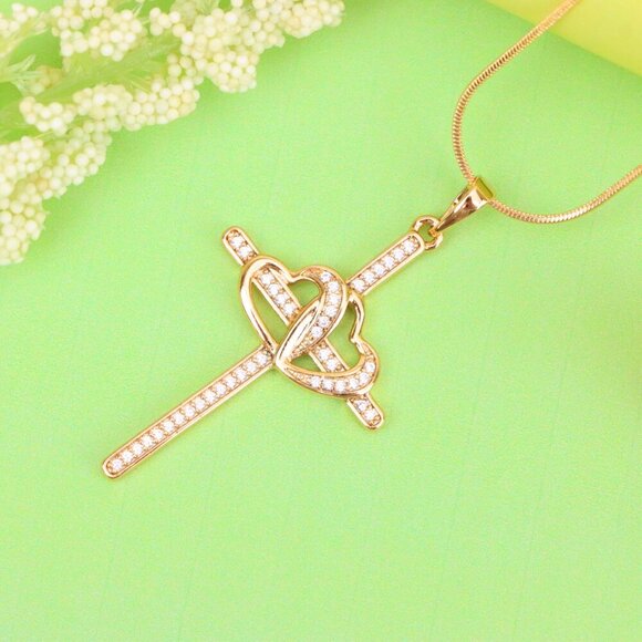 "Cross Pendant with Interlocked Hearts & Crystals, XPPT1569 - Picture 1 of 12